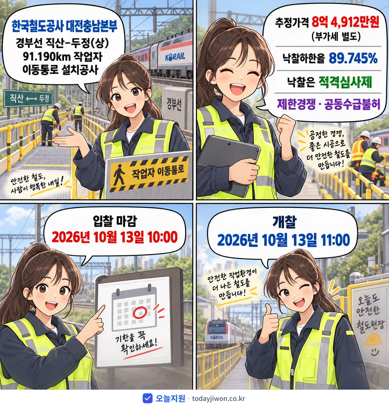 4컷 만화로 보는 공고: 한국철도공사 대전충남본부 '경부선 직산-두정(상) 91.190km 작업자 이동통로 설치공사', 추정가격 8억 4,912만원, 입찰 마감 10/13 10:00