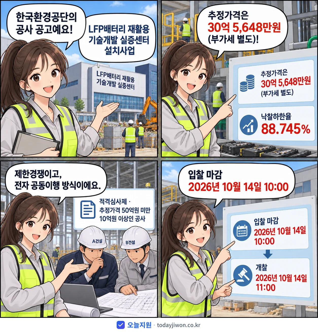 4컷 만화로 보는 공고: 한국환경공단 'LFP배터리 재활용 기술개발 실증센터 설치사업', 추정가격 30억 5,648만원, 입찰 마감 10/14 10:00