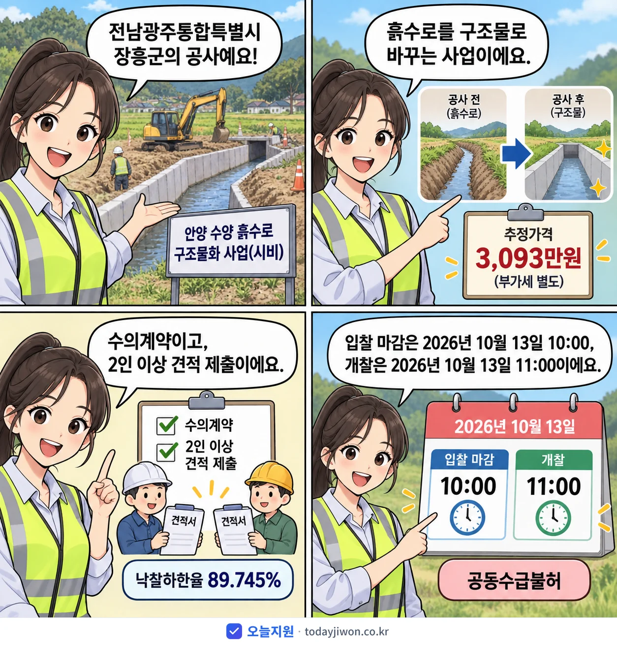 4컷 만화로 보는 공고: 전남광주통합특별시 장흥군 '안양 수양 흙수로 구조물화 사업(시비)', 추정가격 3,093만원, 입찰 마감 10/13 10:00