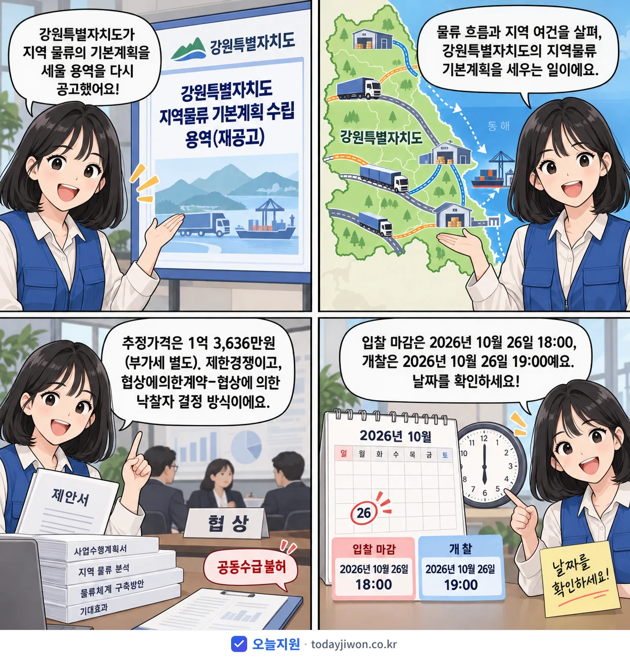 4컷 만화로 보는 공고: 강원특별자치도 '강원특별자치도 지역물류 기본계획 수립 용역', 추정가격 1억 3,636만원, 입찰 마감 10/26 18:00