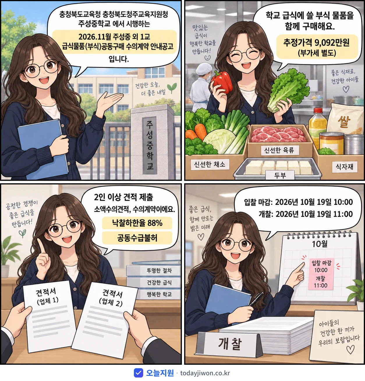 4컷 만화로 보는 공고: 충청북도교육청 충청북도청주교육지원청 주성중학교 '.11월 주성중 외 1교 급식물품(부식)공동구매 수의계약 안내공고', 추정가격 9,092만원, 입찰 마감 10/19 10:00