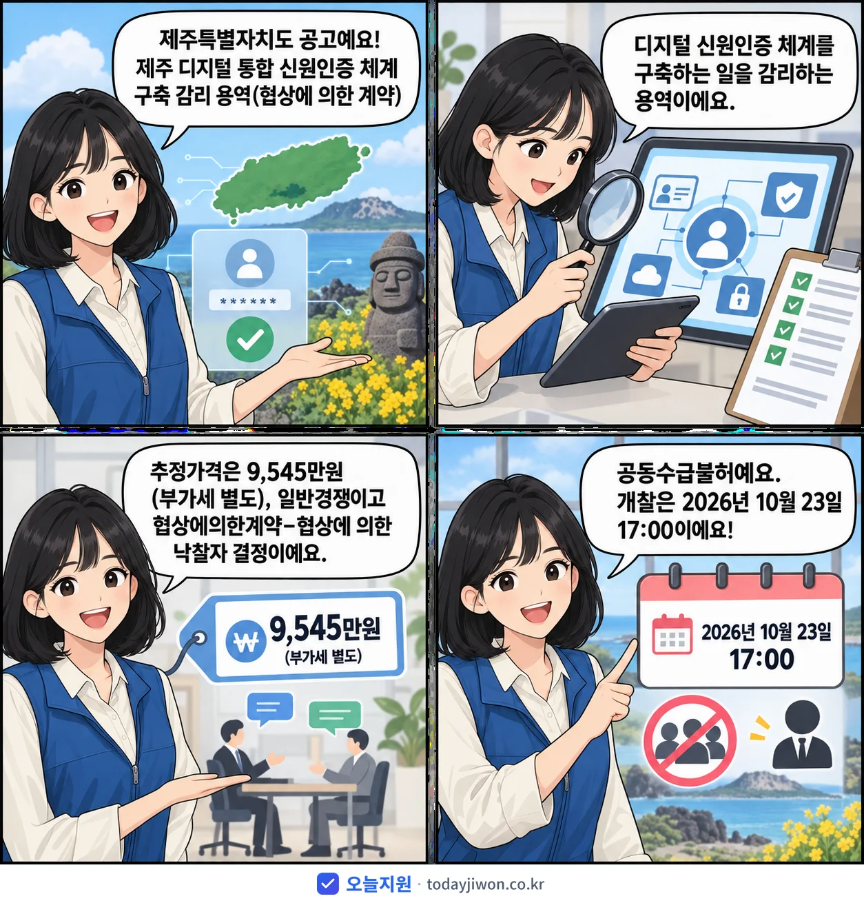 4컷 만화로 보는 공고: 제주특별자치도 '제주 디지털 통합 신원인증 체계 구축 감리 용역(협상에 의한 계약)', 추정가격 9,545만원