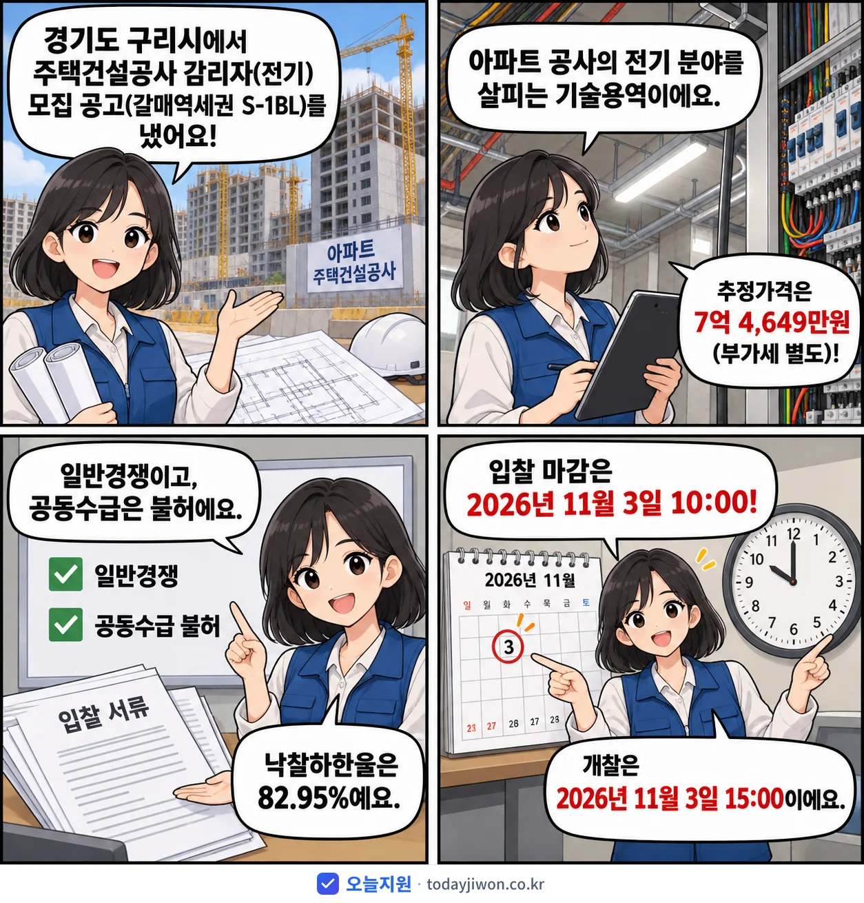 4컷 만화로 보는 공고: 경기도 구리시 '주택건설공사 감리자(전기) 모집 공고(갈매역세권 S-1BL)', 추정가격 7억 4,649만원, 입찰 마감 11/3 10:00