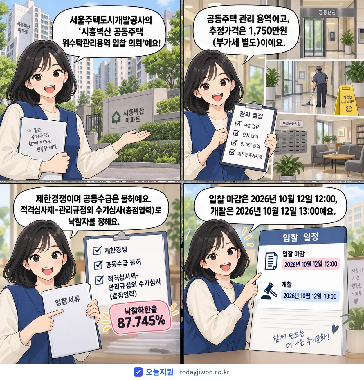 4컷 만화로 보는 공고: 서울주택도시개발공사 '시흥벽산 공동주택 위수탁관리용역 입찰 의뢰', 추정가격 1,750만원, 입찰 마감 10/12 12:00