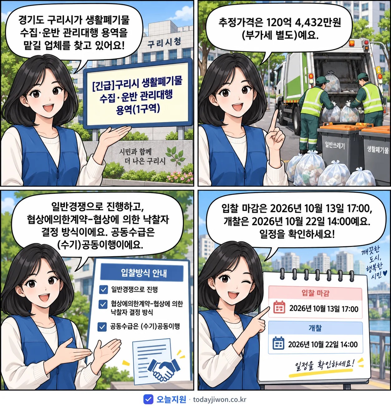 4컷 만화로 보는 공고: 경기도 구리시 '구리시 생활폐기물 수집·운반 관리대행 용역(1구역)', 추정가격 120억 4,432만원, 입찰 마감 10/13 17:00
