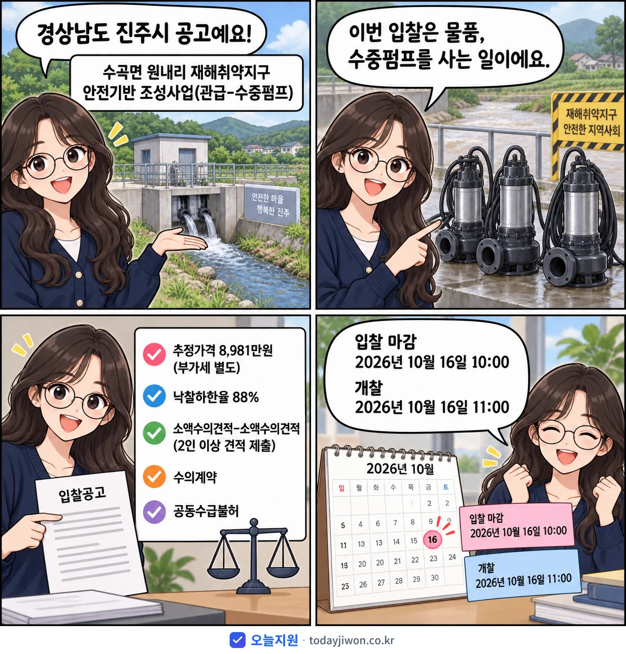 4컷 만화로 보는 공고: 경상남도 진주시 '수곡면 원내리 재해취약지구 안전기반 조성사업(관급-수중펌프)', 추정가격 8,981만원, 입찰 마감 10/16 10:00