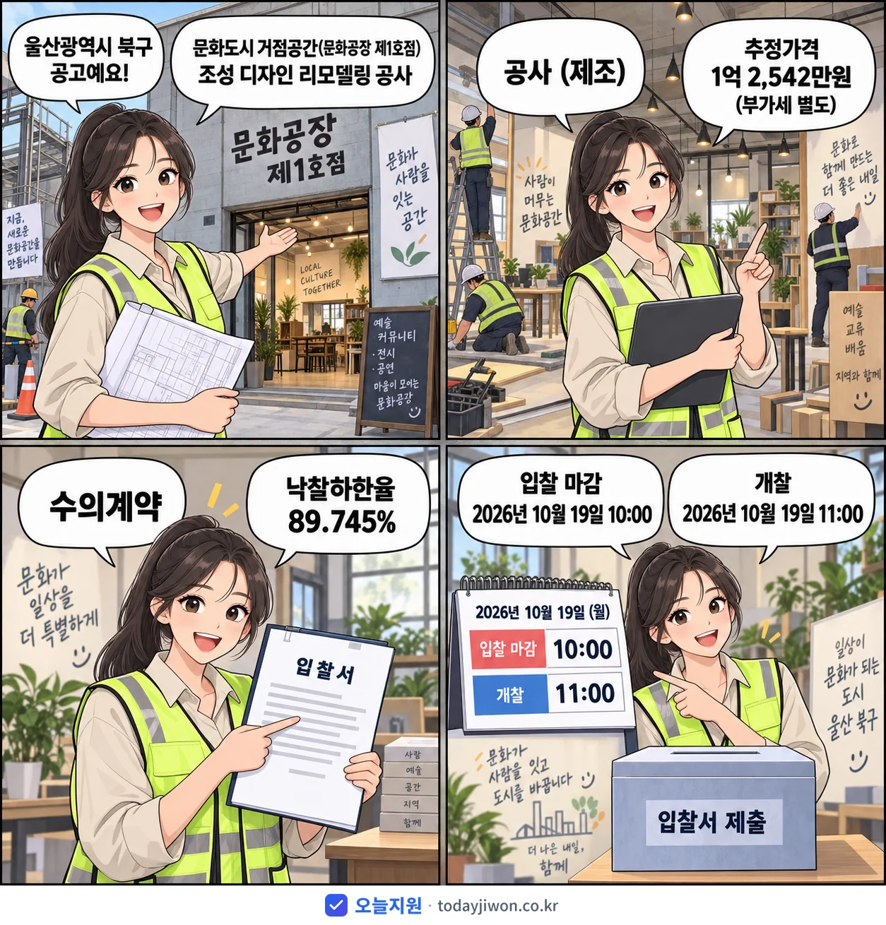 4컷 만화로 보는 공고: 울산광역시 북구 '문화도시 거점공간(문화공장 제1호점) 조성 디자인 리모델링 공사', 추정가격 1억 2,542만원, 입찰 마감 10/19 10:00