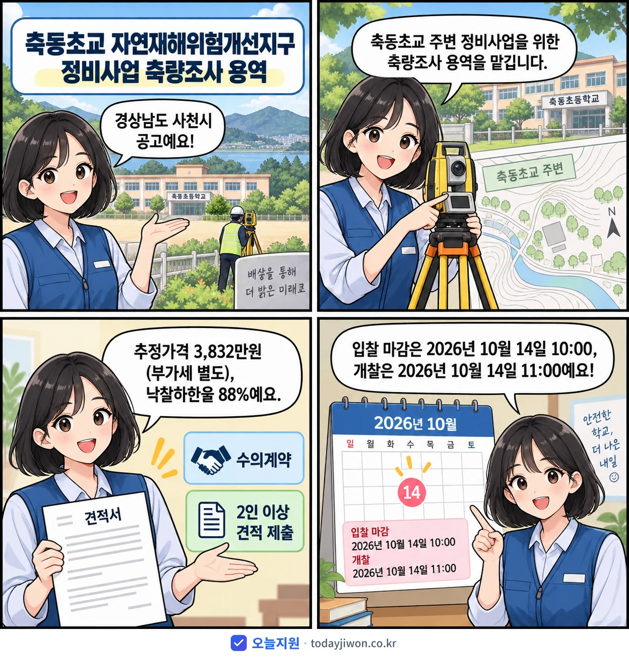 4컷 만화로 보는 공고: 경상남도 사천시 '축동초교 자연재해위험개선지구 정비사업 측량조사 용역', 추정가격 3,832만원, 입찰 마감 10/14 10:00