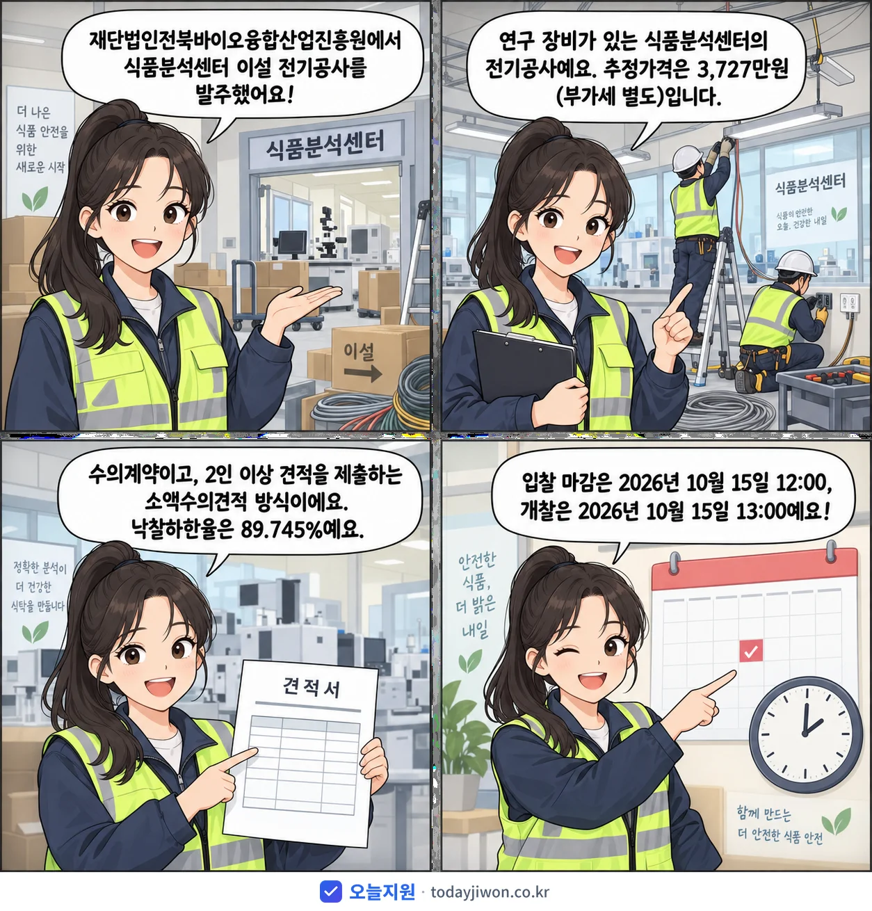 4컷 만화로 보는 공고: 재단법인전북바이오융합산업진흥원 '전북바이오융합산업진흥원 식품분석센터 이설 전기공사', 추정가격 3,727만원, 입찰 마감 10/15 12:00