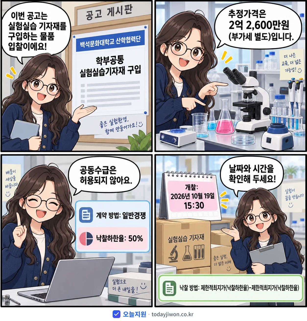 4컷 만화로 보는 공고: 백석문화대학교 산학협력단 '학부공통 실험실습기자재 구입', 추정가격 2억 2,600만원