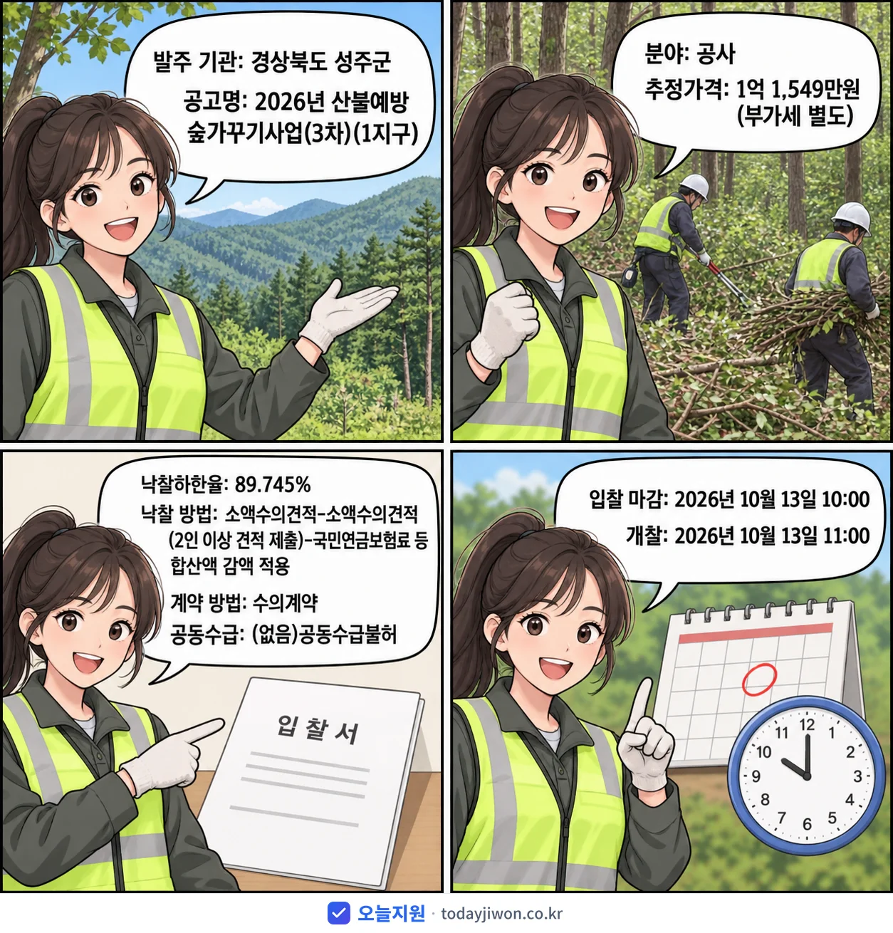 4컷 만화로 보는 공고: 경상북도 성주군 '산불예방 숲가꾸기사업(3차)(1지구)', 추정가격 1억 1,549만원, 입찰 마감 10/13 10:00