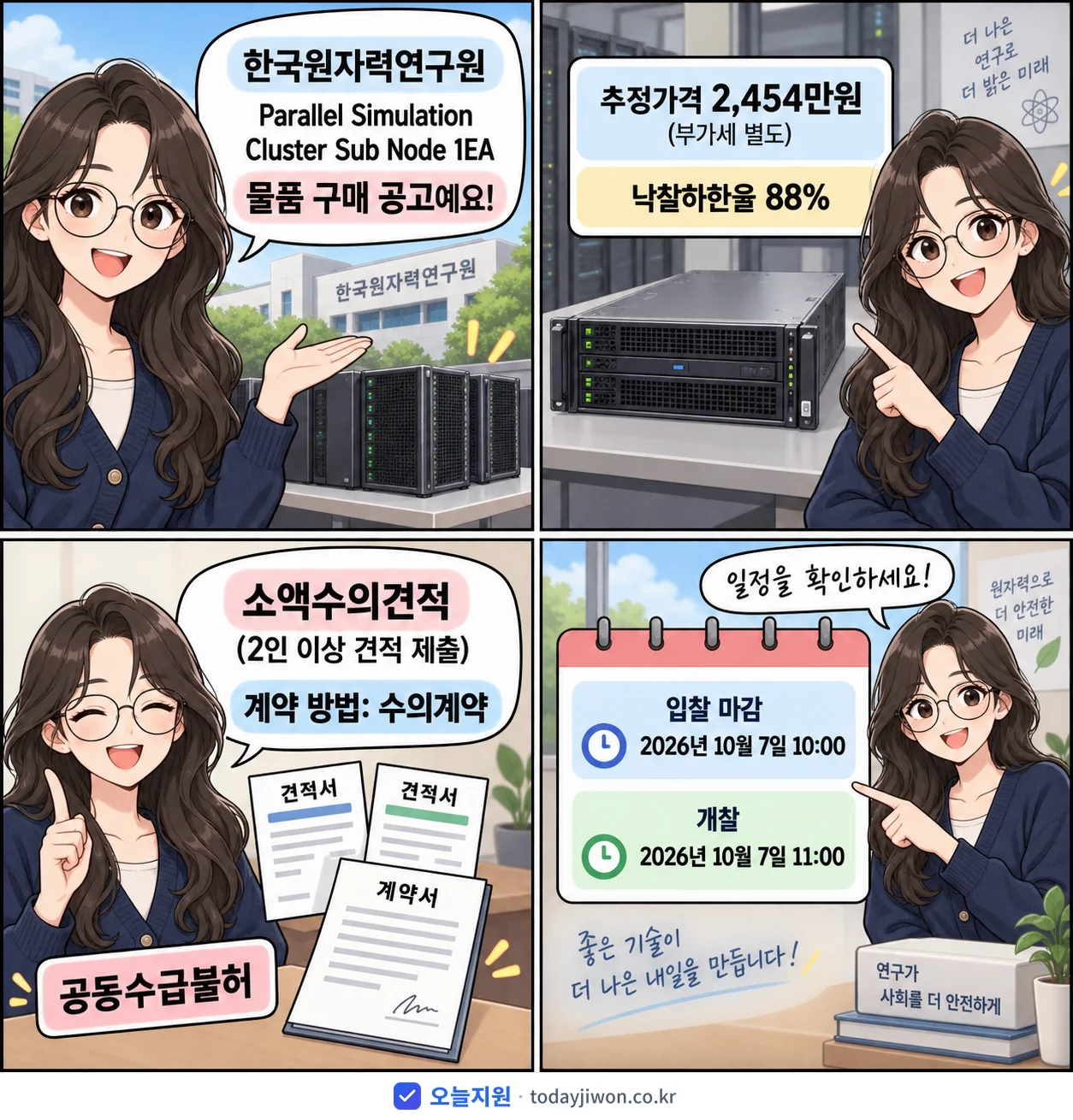 4컷 만화로 보는 공고: 한국원자력연구원 'Parallel Simulation Cluster Sub Node 1EA', 추정가격 2,454만원, 입찰 마감 10/7 10:00