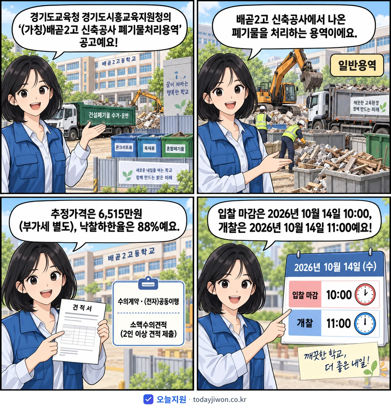 4컷 만화로 보는 공고: 경기도교육청 경기도시흥교육지원청 '(가칭)배곧2고 신축공사 폐기물처리용역', 추정가격 6,515만원, 입찰 마감 10/14 10:00