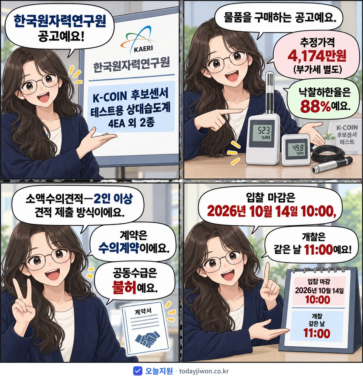 4컷 만화로 보는 공고: 한국원자력연구원 'K-COIN 후보센서 테스트용 상대습도계 4EA 외 2종', 추정가격 4,174만원, 입찰 마감 10/14 10:00