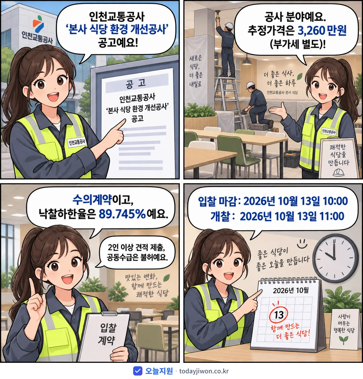 4컷 만화로 보는 공고: 인천교통공사 '본사 식당 환경 개선공사', 추정가격 3,260만원, 입찰 마감 10/13 10:00