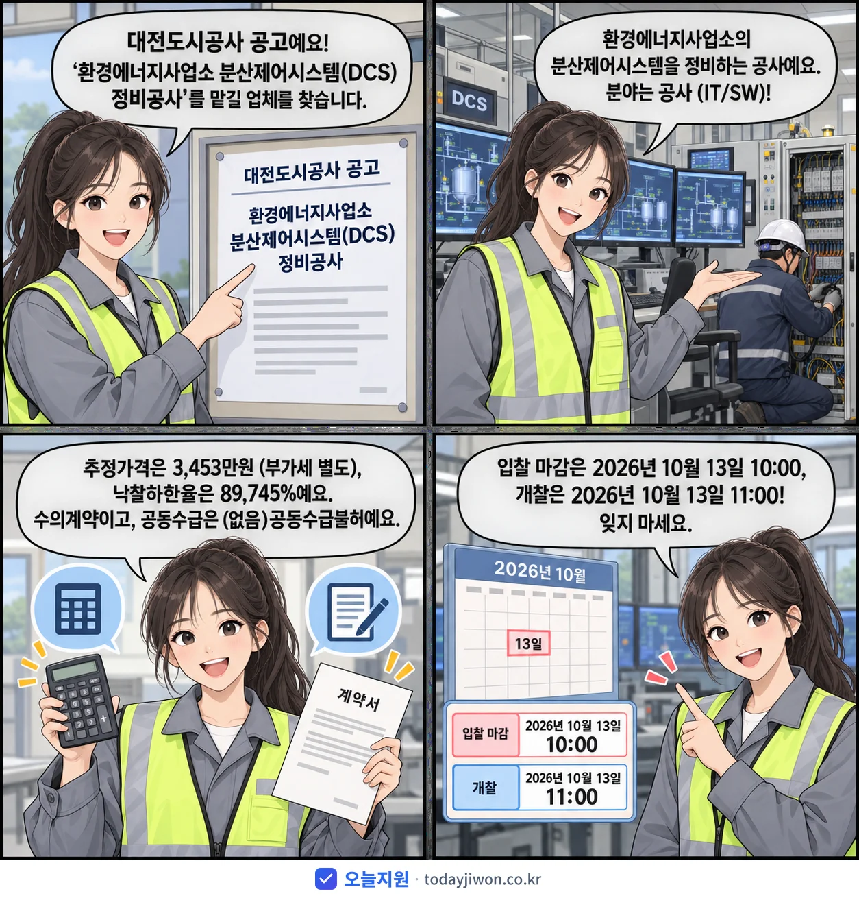4컷 만화로 보는 공고: 대전도시공사 '환경에너지사업소 분산제어시스템(DCS) 정비공사', 추정가격 3,453만원, 입찰 마감 10/13 10:00