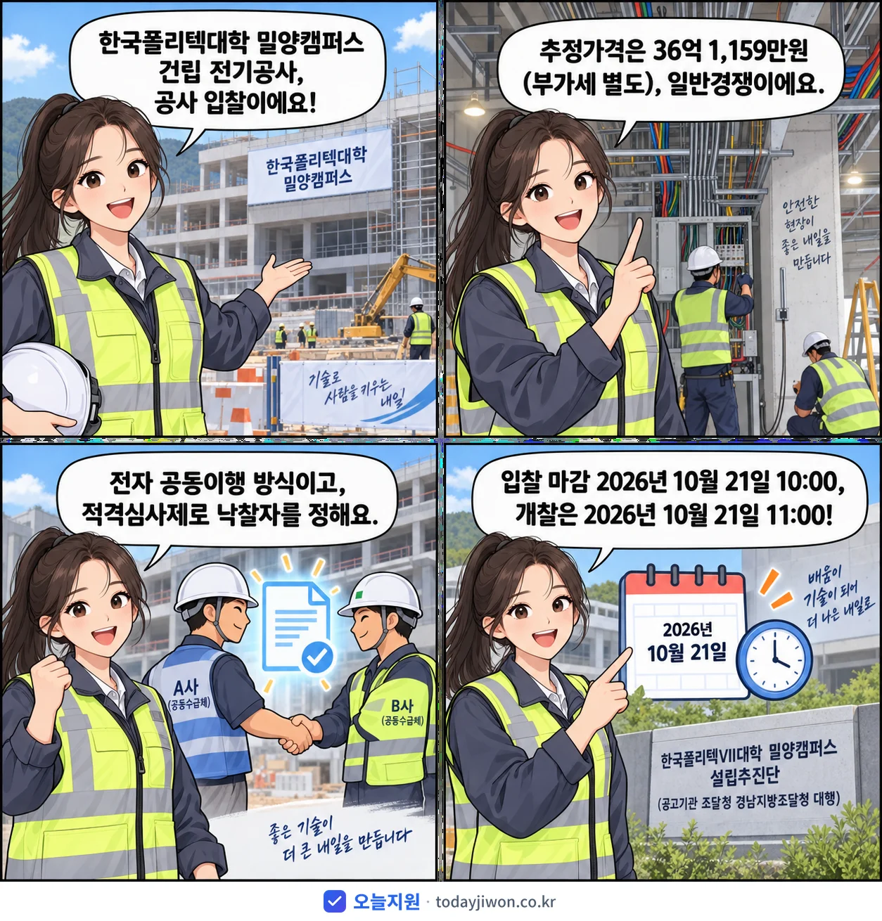 4컷 만화로 보는 공고: 한국폴리텍VII대학 밀양캠퍼스 설립추진단 '한국폴리텍대학 밀양캠퍼스 건립 전기공사', 추정가격 36억 1,159만원, 입찰 마감 10/21 10:00