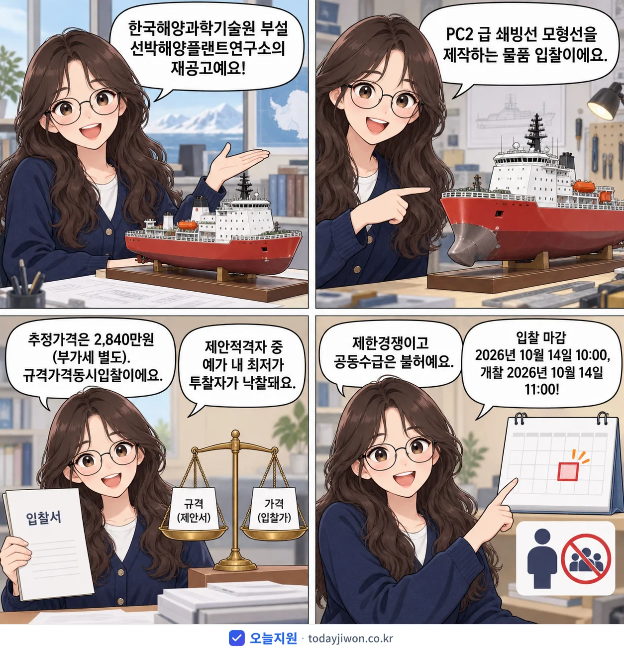 4컷 만화로 보는 공고: 한국해양과학기술원 부설 선박해양플랜트연구소 'PC2 급 쇄빙선 모형선 제작', 추정가격 2,840만원, 입찰 마감 10/14 10:00