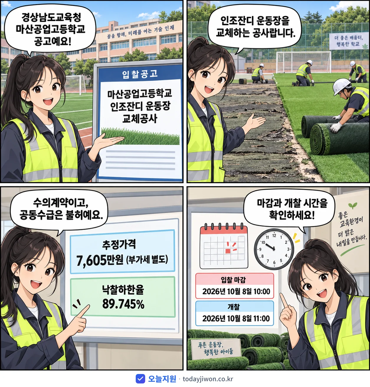 4컷 만화로 보는 공고: 경상남도교육청 마산공업고등학교 '마산공업고등학교 인조잔디 운동장 교체공사', 추정가격 7,605만원, 입찰 마감 10/8 10:00