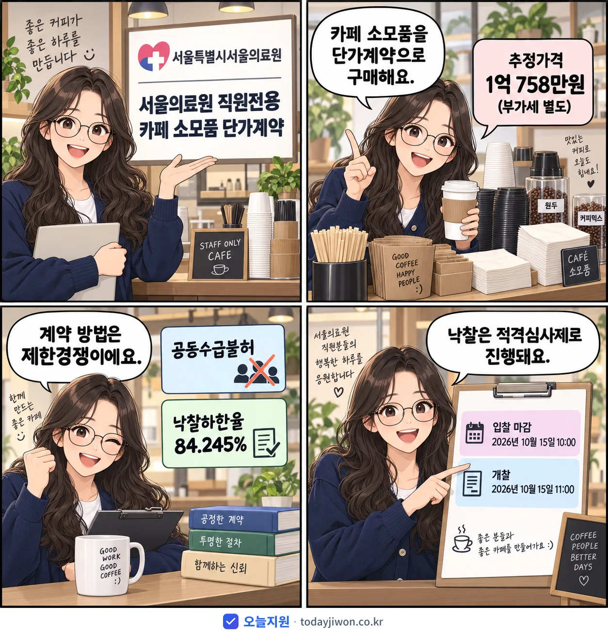 4컷 만화로 보는 공고: 서울특별시서울의료원 '서울의료원 직원전용 카페 소모품 단가계약', 추정가격 1억 758만원, 입찰 마감 10/15 10:00
