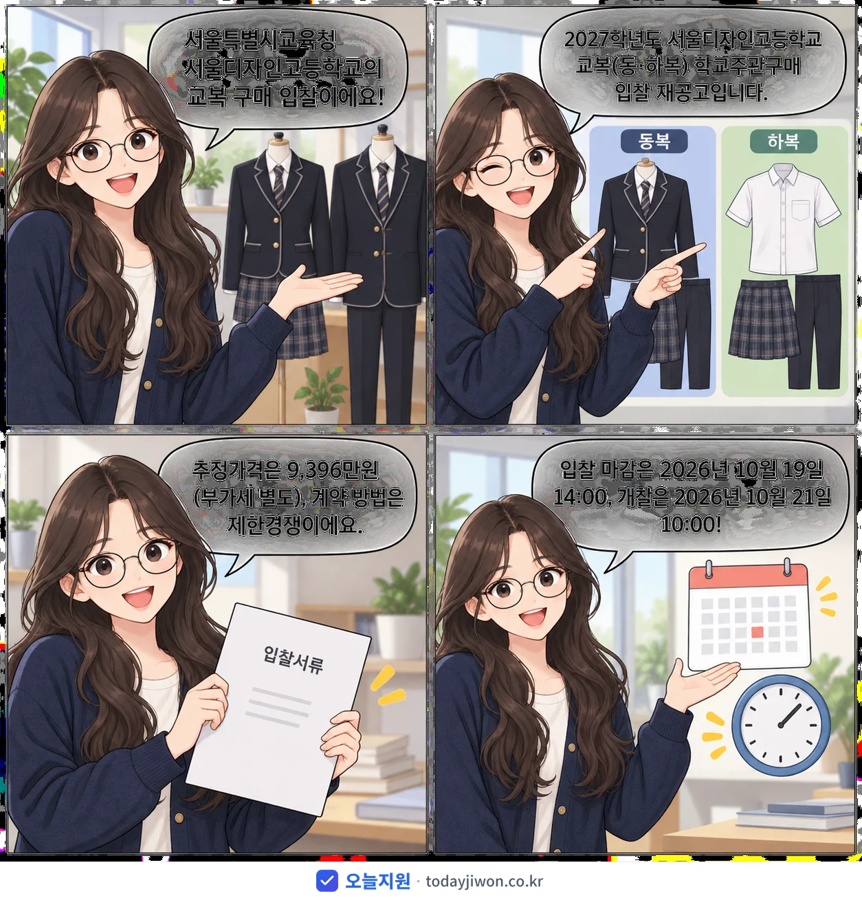 4컷 만화로 보는 공고: 서울특별시교육청 서울디자인고등학교 '학년도 서울디자인고등학교 교복(동·하복) 학교주관구매 입찰 재공고', 추정가격 9,396만원, 입찰 마감 10/19 14:00