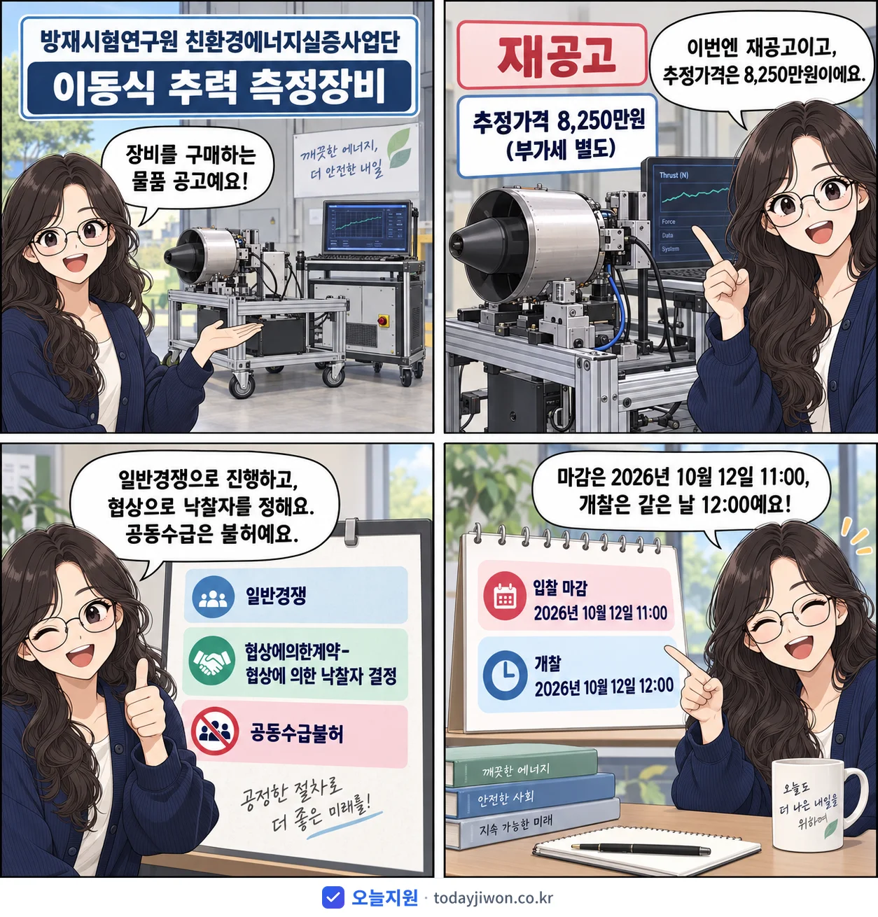 4컷 만화로 보는 공고: 방재시험연구원 친환경에너지실증사업단 '이동식 추력 측정장비', 추정가격 8,250만원, 입찰 마감 10/12 11:00