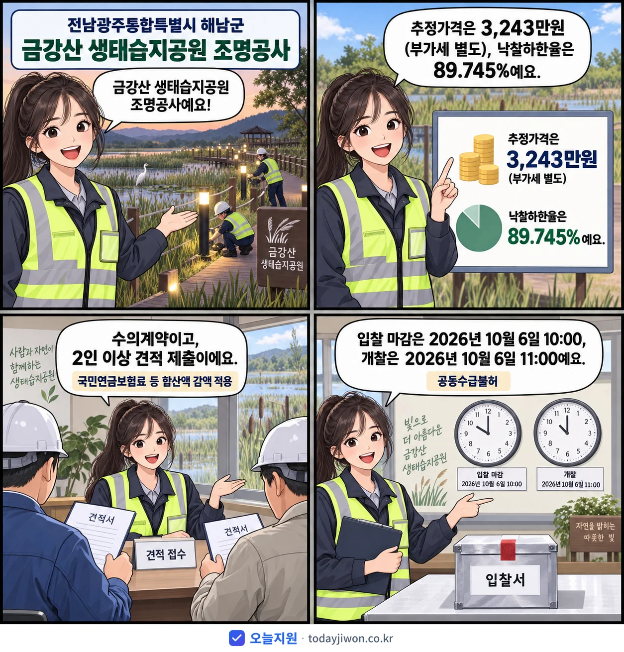 4컷 만화로 보는 공고: 전남광주통합특별시 해남군 '금강산 생태습지공원 조명공사', 추정가격 3,243만원, 입찰 마감 10/6 10:00