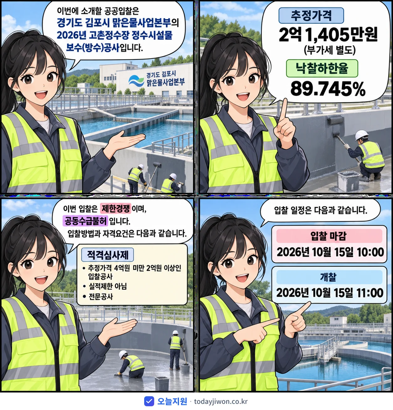 4컷 만화로 보는 공고: 경기도 김포시 맑은물사업본부 '고촌정수장 정수시설물 보수(방수)공사', 추정가격 2억 1,405만원, 입찰 마감 10/15 10:00