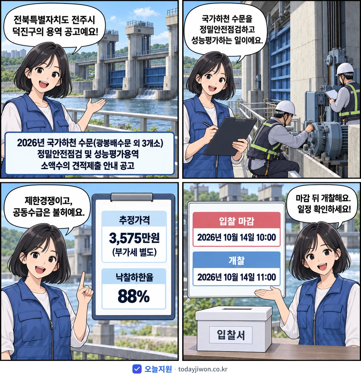 4컷 만화로 보는 공고: 전북특별자치도 전주시 덕진구 '국가하천 수문(광봉배수문 외 3개소) 정밀안전점검 및 성능평가용역 소액…', 추정가격 3,575만원, 입찰 마감 10/14 10:00