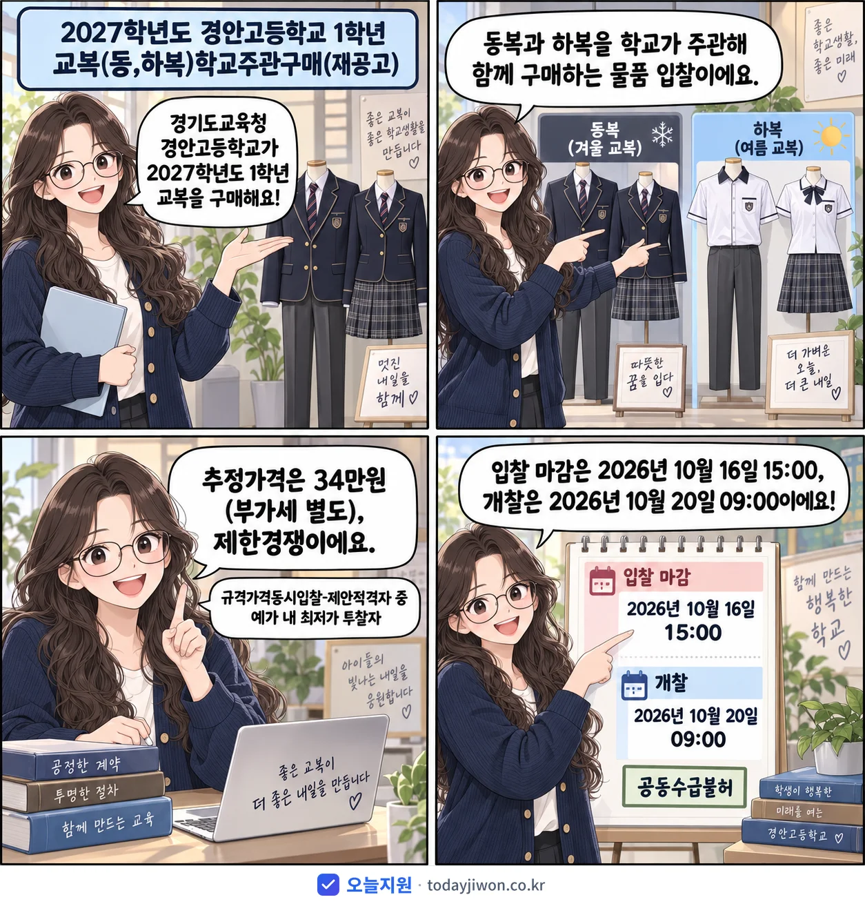 4컷 만화로 보는 공고: 경기도교육청 경안고등학교 '학년도 경안고등학교 1학년 교복(동,하복)학교주관구매', 추정가격 34만원, 입찰 마감 10/16 15:00