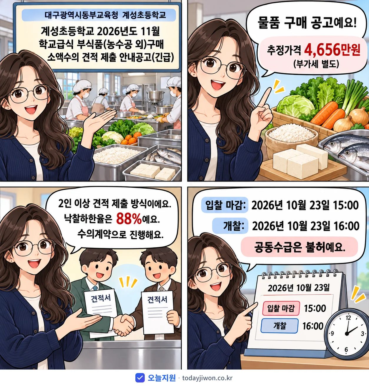 4컷 만화로 보는 공고: 대구광역시동부교육청 계성초등학교 '계성초등학교 2026년도 11월 학교급식 부식품(농수공 외)구매 소액수…', 추정가격 4,656만원, 입찰 마감 10/23 15:00