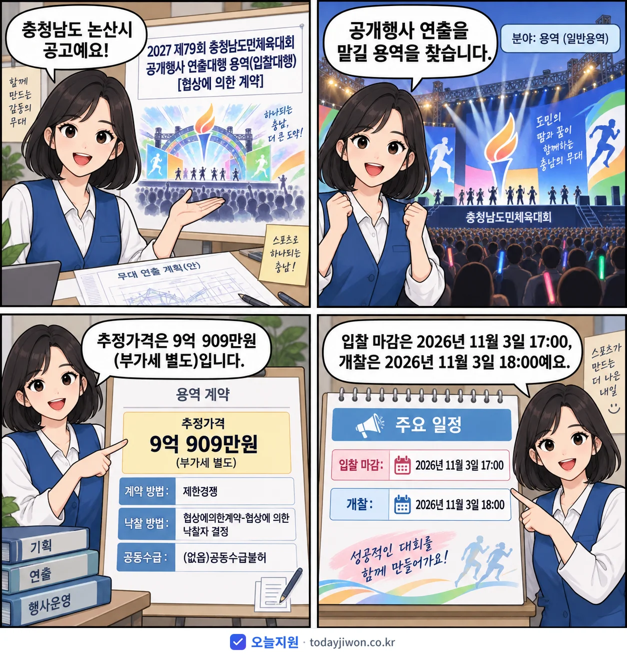 4컷 만화로 보는 공고: 충청남도 논산시 '제79회 충청남도민체육대회 공개행사 연출대행 용역(입찰대행)', 추정가격 9억 909만원, 입찰 마감 11/3 17:00