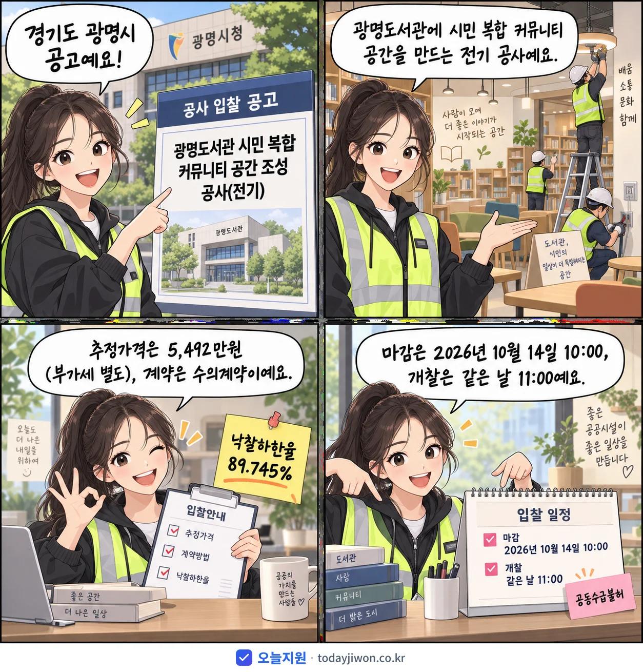 4컷 만화로 보는 공고: 경기도 광명시 '광명도서관 시민 복합 커뮤니티 공간 조성 공사(전기)', 추정가격 5,492만원, 입찰 마감 10/14 10:00
