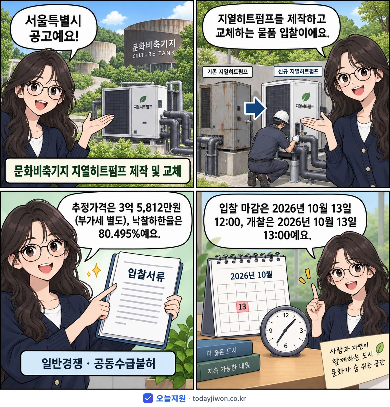 4컷 만화로 보는 공고: 서울특별시 '문화비축기지 지열히트펌프 제작 및 교체', 추정가격 3억 5,812만원, 입찰 마감 10/13 12:00