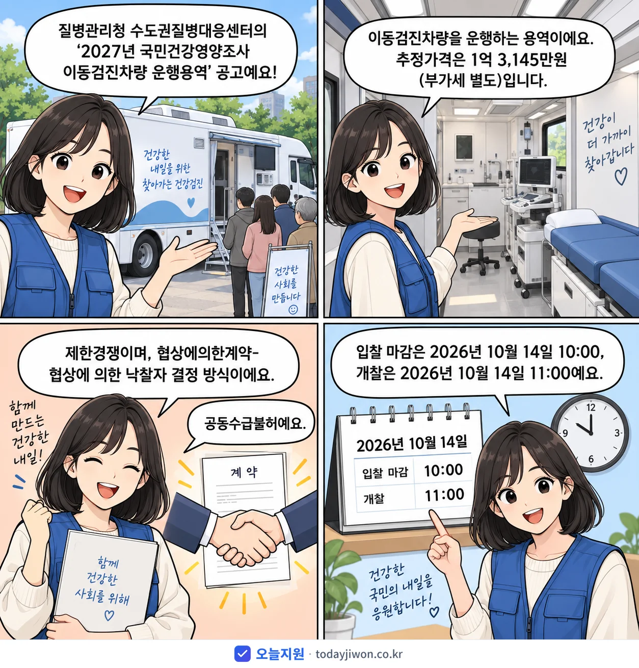 4컷 만화로 보는 공고: 질병관리청 수도권질병대응센터 '국민건강영양조사 이동검진차량 운행용역', 추정가격 1억 3,145만원, 입찰 마감 10/14 10:00