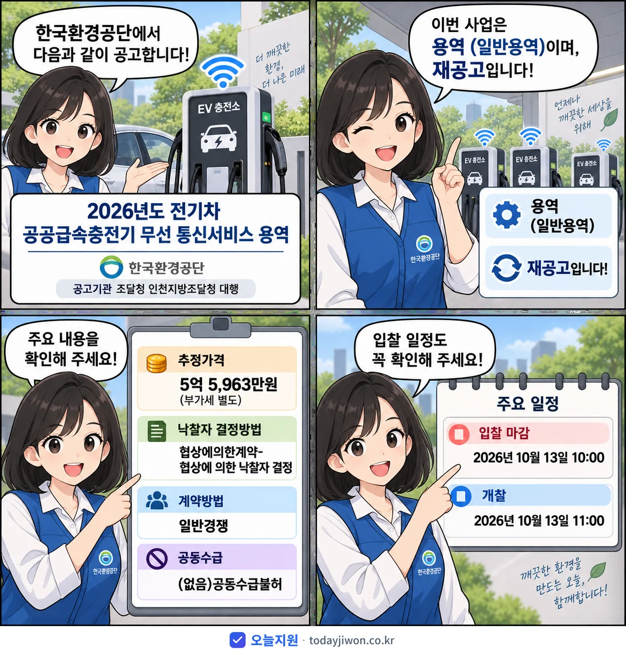 4컷 만화로 보는 공고: 한국환경공단 '전기차 공공급속충전기 무선 통신서비스 용역', 추정가격 5억 5,963만원, 입찰 마감 10/13 10:00