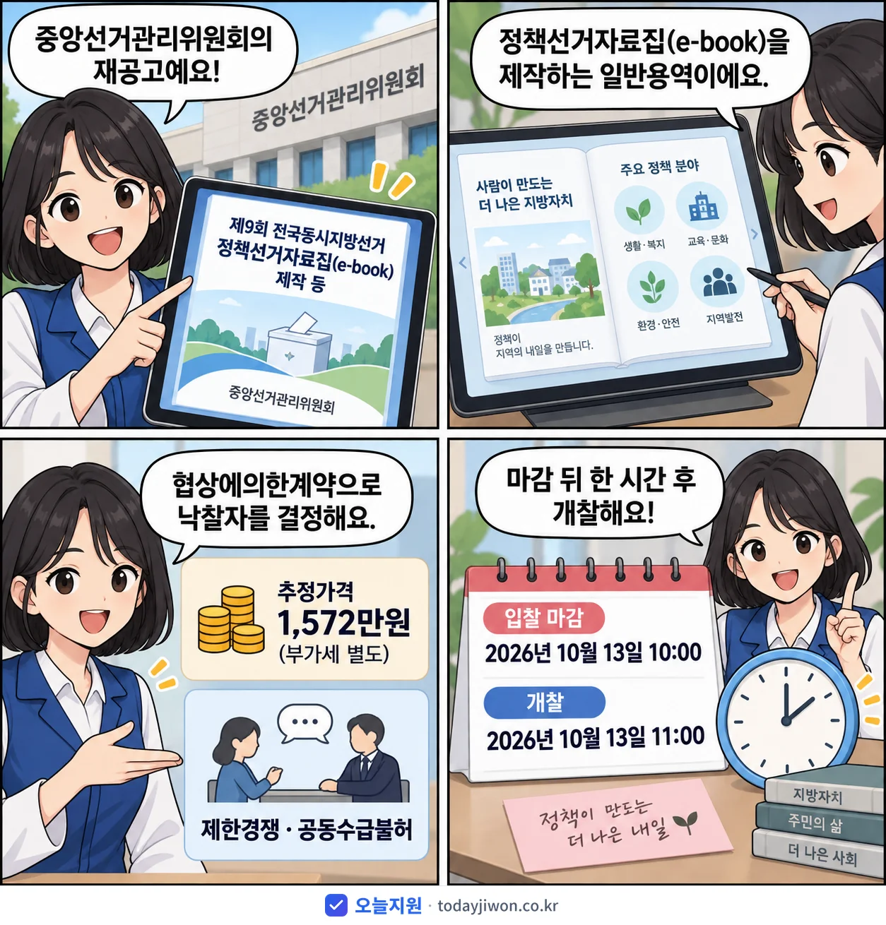 4컷 만화로 보는 공고: 중앙선거관리위원회 '제9회 전국동시지방선거 정책선거자료집(e-book) 제작 등', 추정가격 1,572만원, 입찰 마감 10/13 10:00