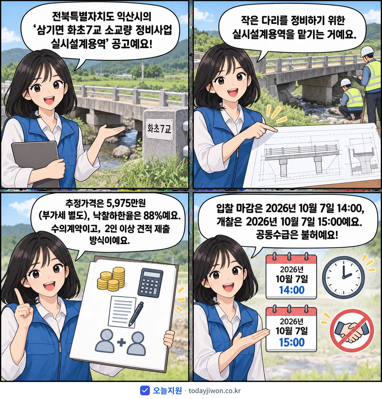 4컷 만화로 보는 공고: 전북특별자치도 익산시 '삼기면 화초7교 소교량 정비사업 실시설계용역', 추정가격 5,975만원, 입찰 마감 10/7 14:00