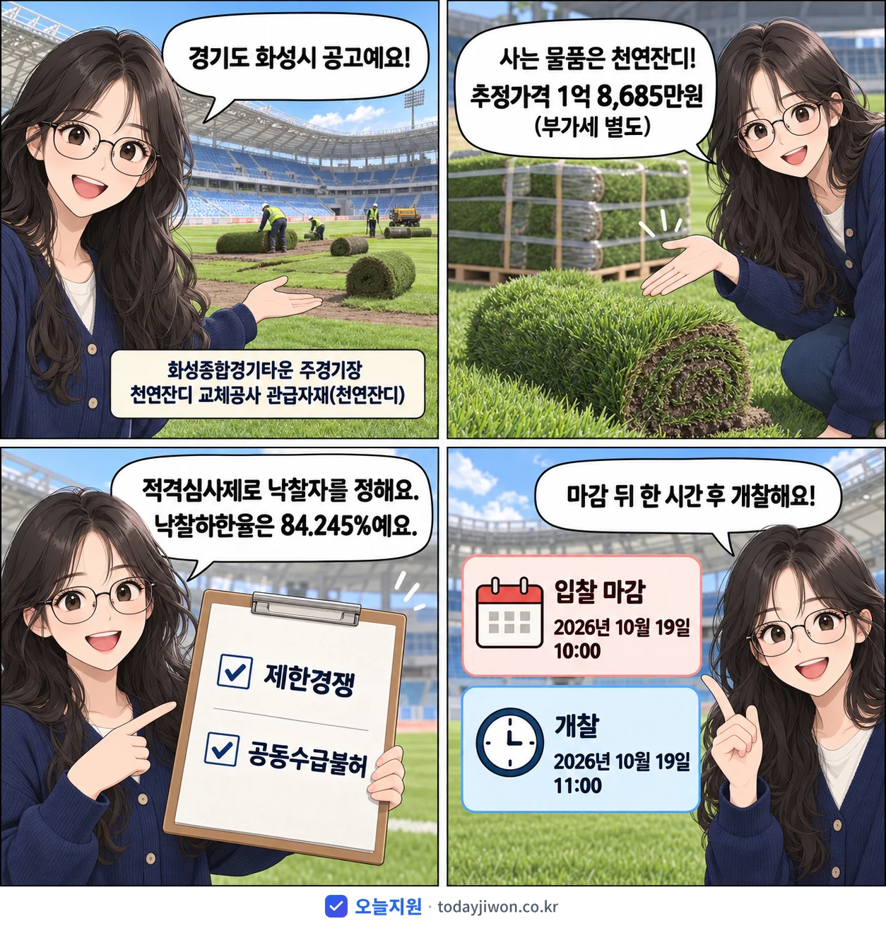 4컷 만화로 보는 공고: 경기도 화성시 '화성종합경기타운 주경기장 천연잔디 교체공사 관급자재(천연잔디)', 추정가격 1억 8,685만원, 입찰 마감 10/19 10:00