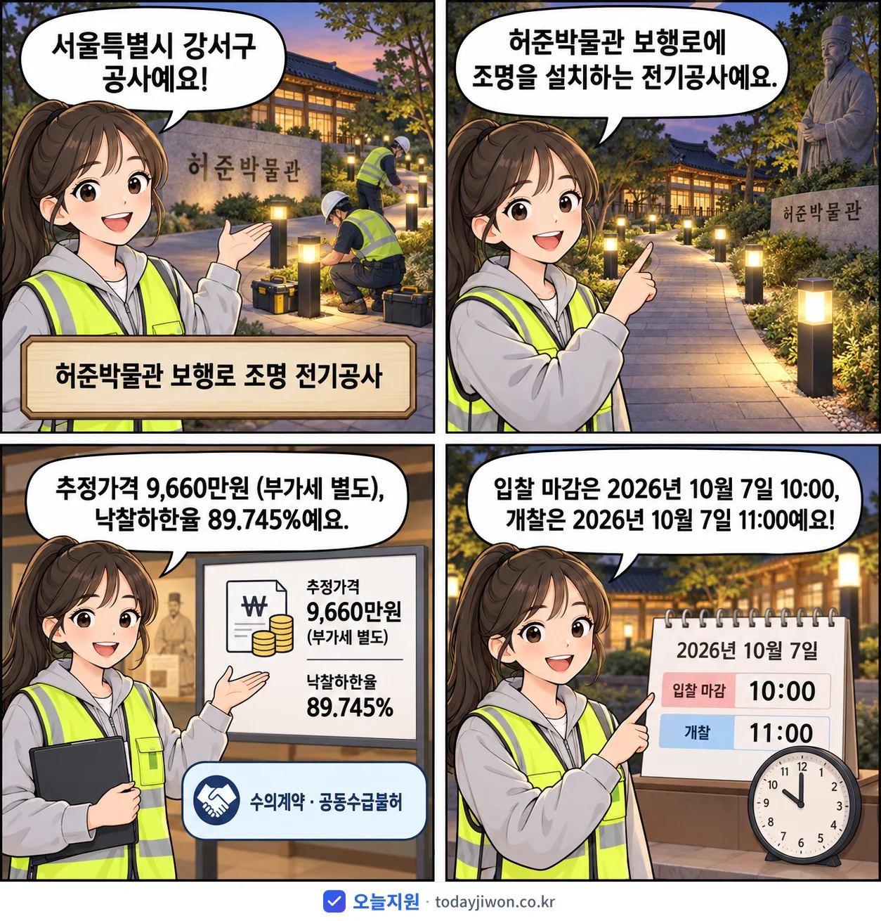 4컷 만화로 보는 공고: 서울특별시 강서구 '허준박물관 보행로 조명 전기공사', 추정가격 9,660만원, 입찰 마감 10/7 10:00