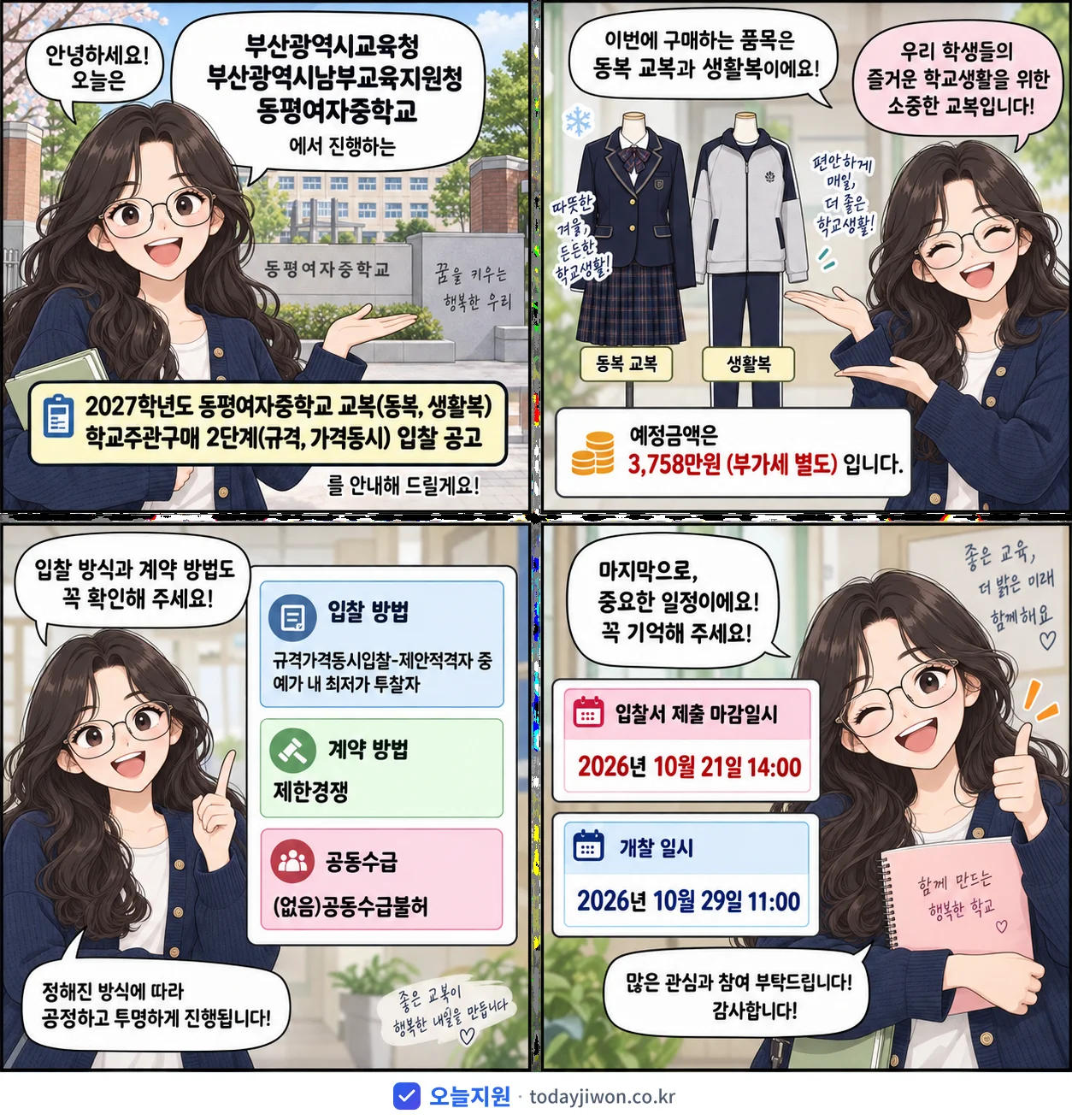 4컷 만화로 보는 공고: 부산광역시교육청 부산광역시남부교육지원청 동평여자중학교 '학년도 동평여자중학교 교복(동복, 생활복) 학교주관구매 2단계(규격,…', 추정가격 3,758만원, 입찰 마감 10/21 14:00