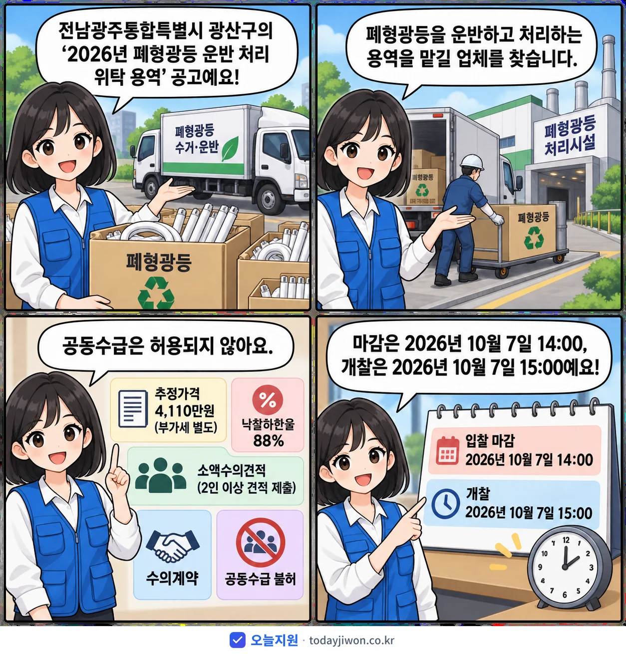 4컷 만화로 보는 공고: 전남광주통합특별시 광산구 '폐형광등 운반 처리 위탁 용역', 추정가격 4,110만원, 입찰 마감 10/7 14:00