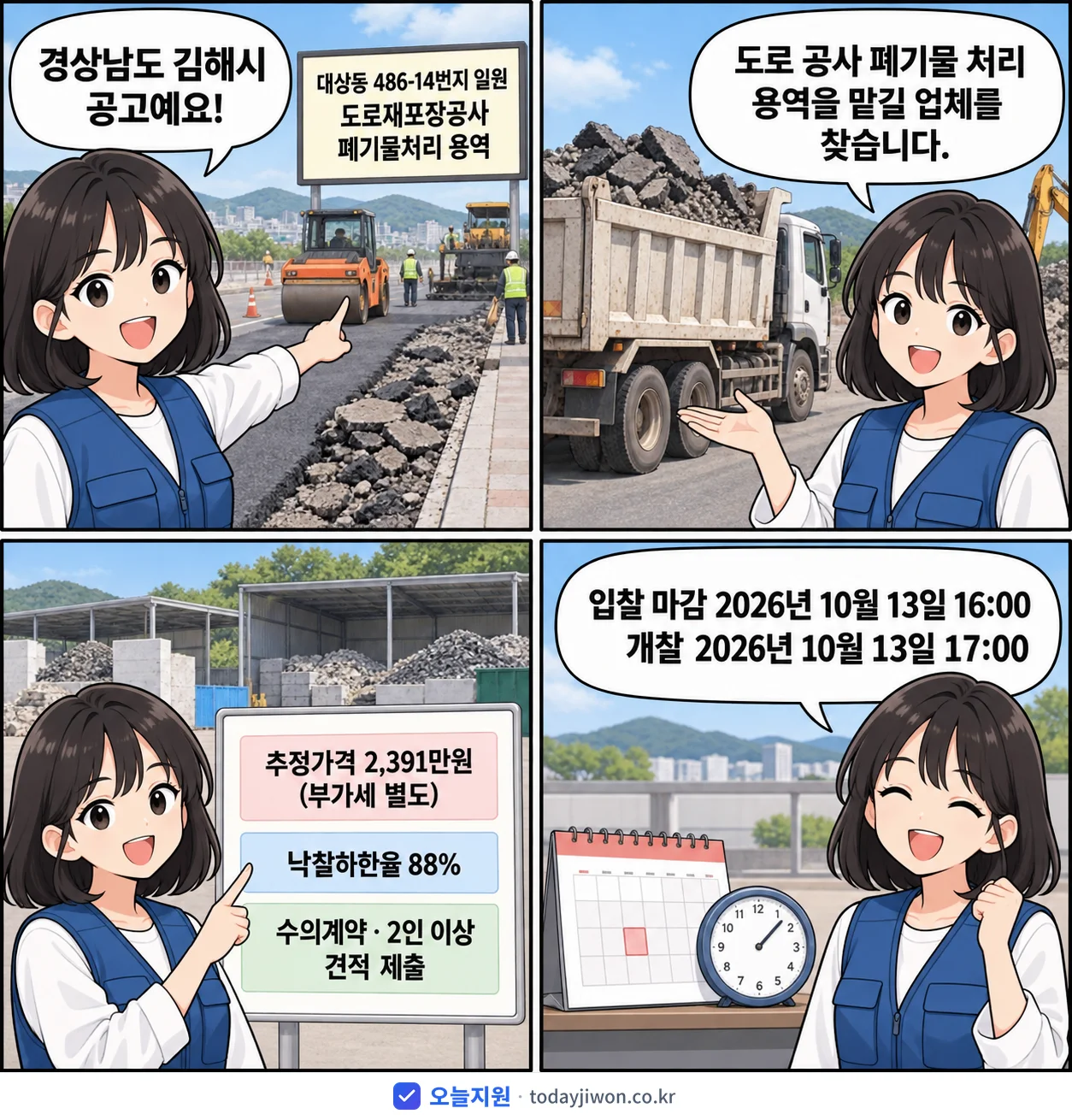 4컷 만화로 보는 공고: 경상남도 김해시 '대성동 486-14번지 일원 도로재포장공사 폐기물처리 용역', 추정가격 2,391만원, 입찰 마감 10/13 16:00