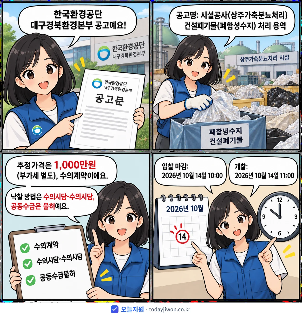 4컷 만화로 보는 공고: 한국환경공단 대구경북환경본부 '시설공사(상주가축분뇨처리) 건설폐기물(폐합성수지) 처리 용역', 추정가격 1,000만원, 입찰 마감 10/14 10:00