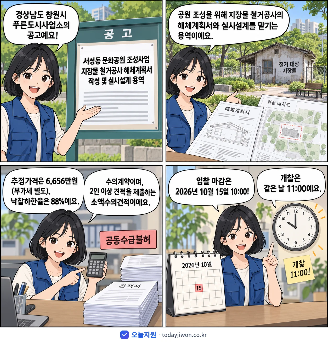 4컷 만화로 보는 공고: 경상남도 창원시 푸른도시사업소 '서성동 문화공원 조성사업 지장물 철거공사 해체계획서 작성 및 실시설계…', 추정가격 6,656만원, 입찰 마감 10/15 10:00