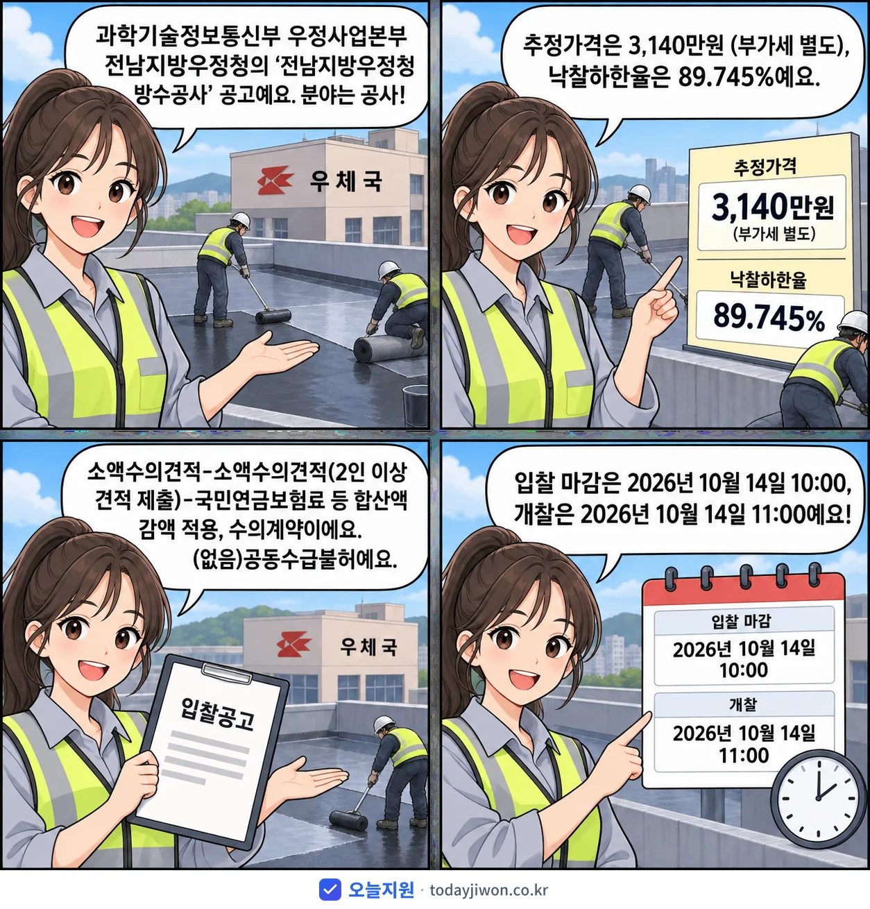 4컷 만화로 보는 공고: 과학기술정보통신부 우정사업본부 전남지방우정청 '전남지방우정청 방수공사', 추정가격 3,140만원, 입찰 마감 10/14 10:00
