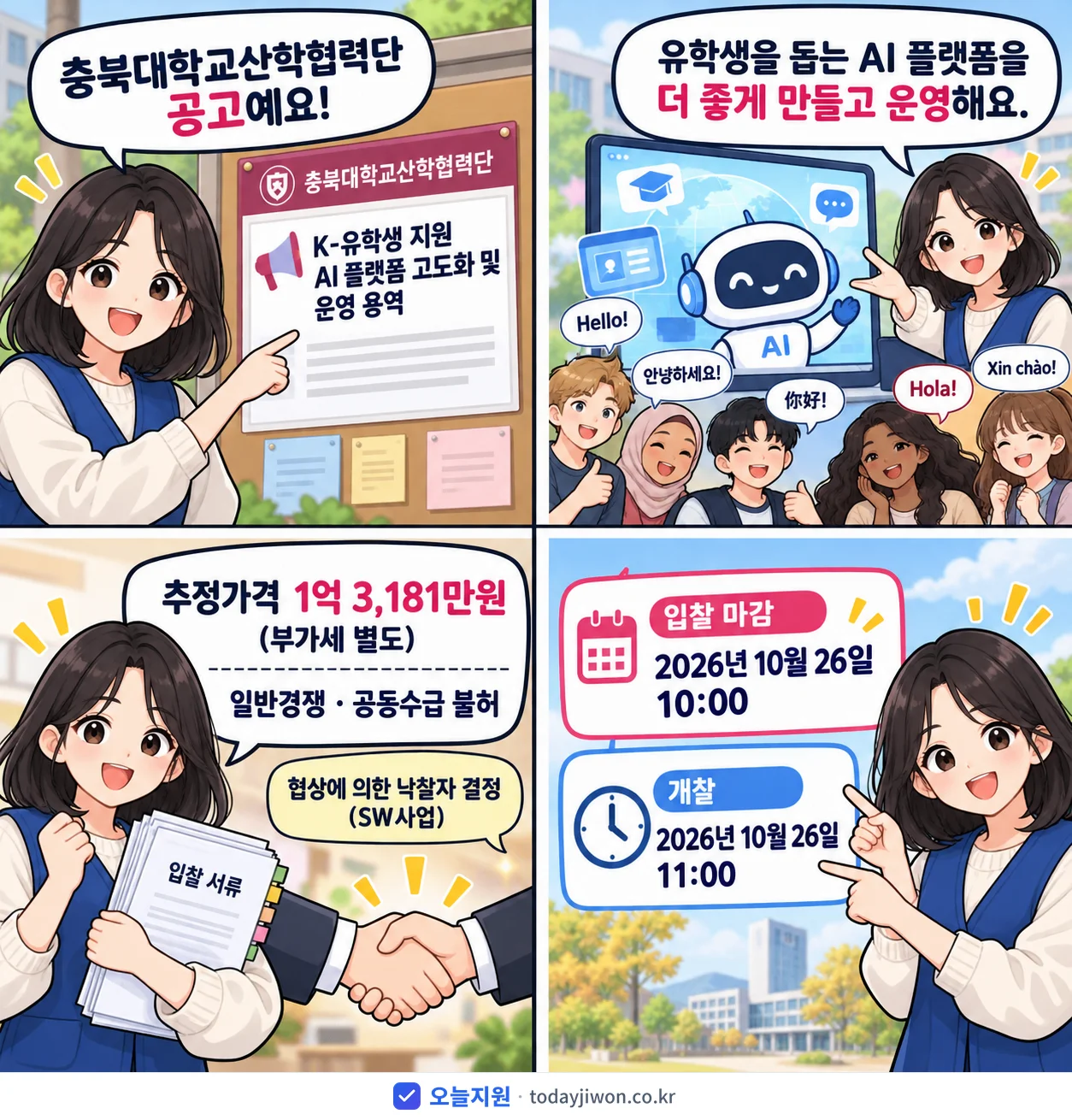 4컷 만화로 보는 공고: 충북대학교산학협력단 'K-유학생 지원 AI 플랫폼 고도화 및 운영 용역', 추정가격 1억 3,181만원, 입찰 마감 10/26 10:00