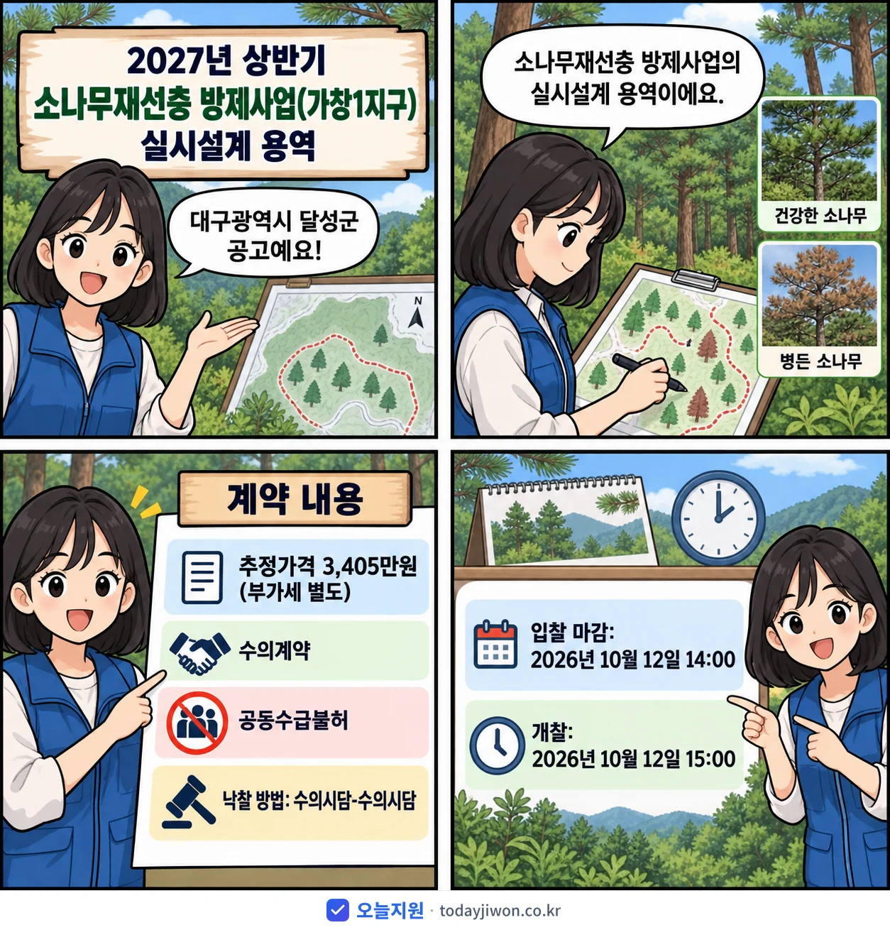 4컷 만화로 보는 공고: 대구광역시 달성군 '상반기 소나무재선충 방제사업(가창1지구) 실시설계 용역', 추정가격 3,405만원, 입찰 마감 10/12 14:00