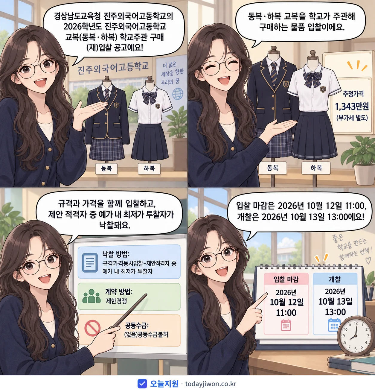 4컷 만화로 보는 공고: 경상남도교육청 진주외국어고등학교 '학년도 진주외국어고등학교 교복(동복·하복) 학교주관 구매 (재)입찰 공고', 추정가격 1,343만원, 입찰 마감 10/12 11:00