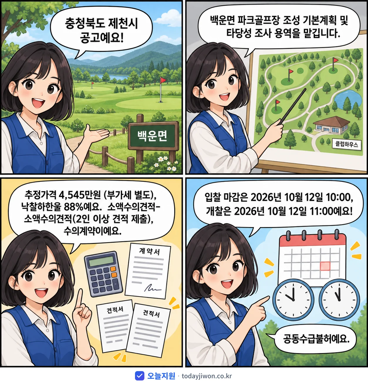 4컷 만화로 보는 공고: 충청북도 제천시 '백운면 파크골프장 조성 기본계획 및 타당성 조사 용역', 추정가격 4,545만원, 입찰 마감 10/12 10:00